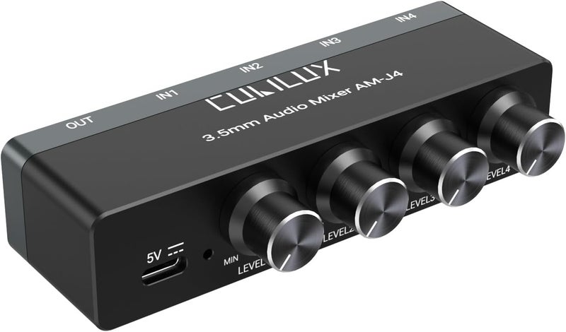 Cubilux 4-Channel 3.5mm Audio Mixer, Ultra-Low-Noise Mini Audio Mixer for Sub-Mixing, 1/8 TS/TRS Input, Stereo Switcher Suitable for Guitars, Bass, Keyboards - Image 1